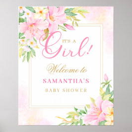 Välkomsthälsning för  Rosa för blommigt Vattenfärg Poster