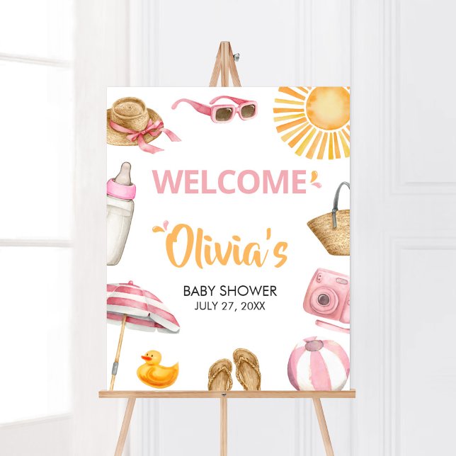 Välkomsthälsning för rosa Splish Stänk Baby Shower Poster (Girl Summer Beach Baby Shower Welcome Sign)