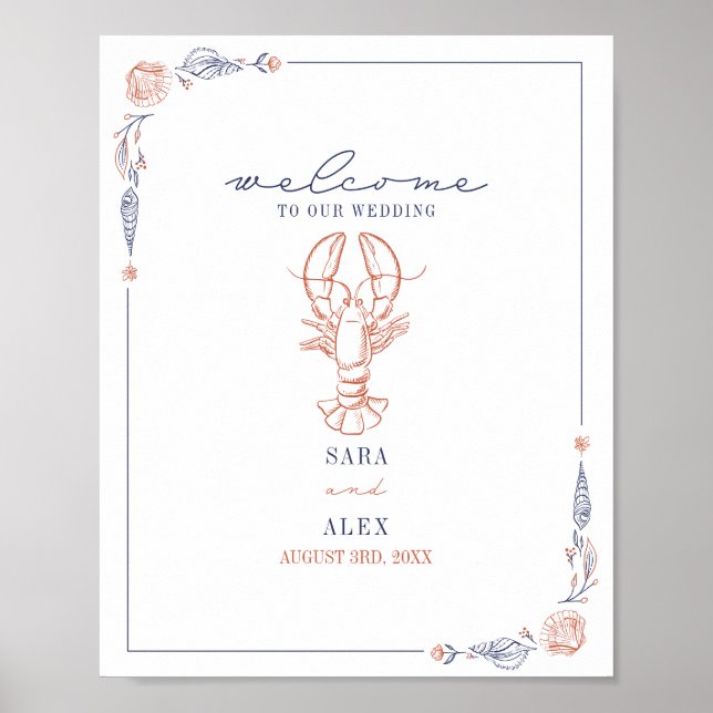 Välkomsthälsning för Rustic Lobster Red & Blue Bea Poster (Framsidan)