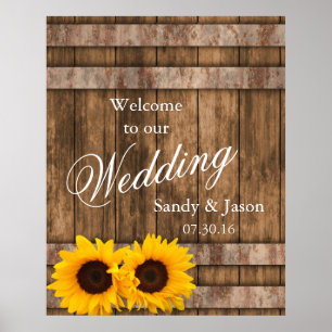 Välkomsthälsning för Rustic Solros Barn Wood Bröll Poster