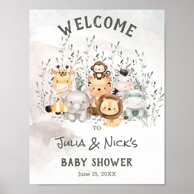 Välkomsthälsning för Safari Animals Baby Shower Po Poster (Framsidan)