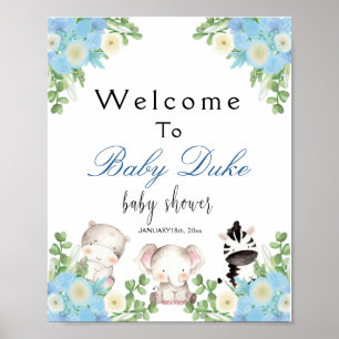 Välkomsthälsning för safari Djuren Blue Boy Shower Poster