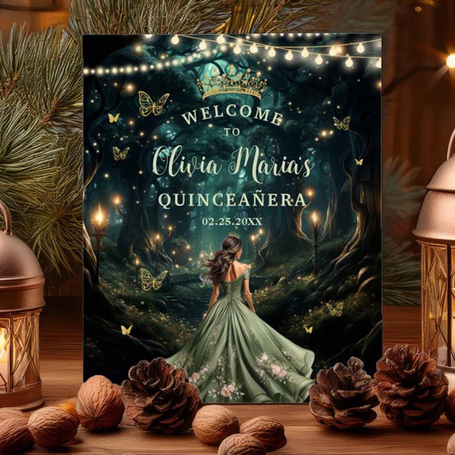 Välkomsthälsning för Sage Grönt Enchanted Forest Q Poster (enchanted forest fairylights fireflies a girl in a sage green dress quinceanera welcome sign poster)