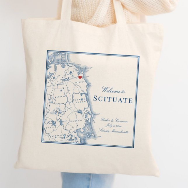 Välkomsthälsning för Scituate Massachusetts Karta  Tygkasse (This Scituate tote bag is perfect for your South Shore MA destination wedding)