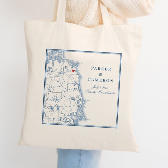 Välkomsthälsning för Scituate Massachusetts Karta  Tygkasse (These Scituate tote bags are perfect for your South Shore Massachusetts wedding)