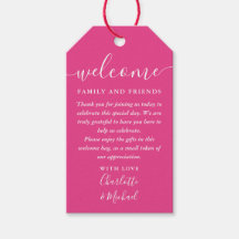 Välkomsthälsning för Shock rosa Wedding Favor Bask