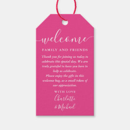 Välkomsthälsning för Shock rosa Wedding Favor Bask Presentetikett