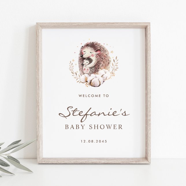 Välkomsthälsning för skogshuggen i mamma och Baby Poster (Woodland theme baby shower welcome sign featuring watercolor mommy and baby hedgehog.)