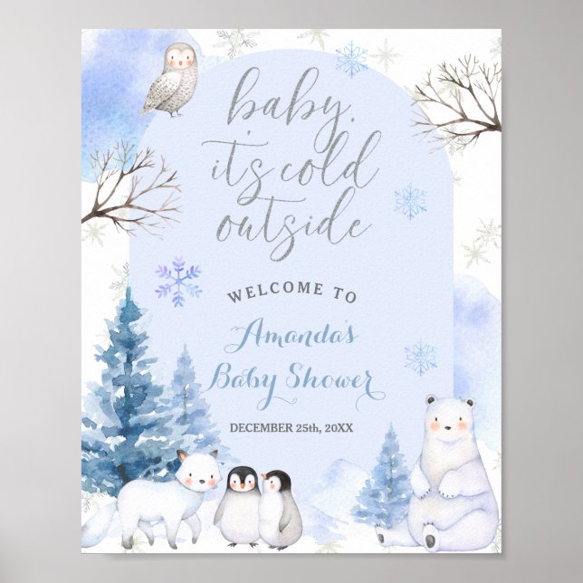 Välkomsthälsning för Snöflingor Träd Baby Shower Poster (Framsidan)