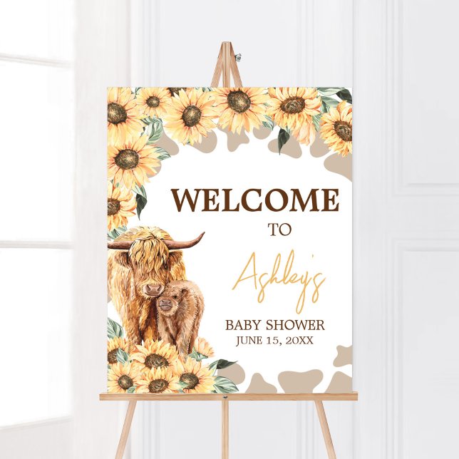 Välkomsthälsning för solrosolja, högland, babykläd poster (Summer Holy Cow Baby Shower Welcome Sign)