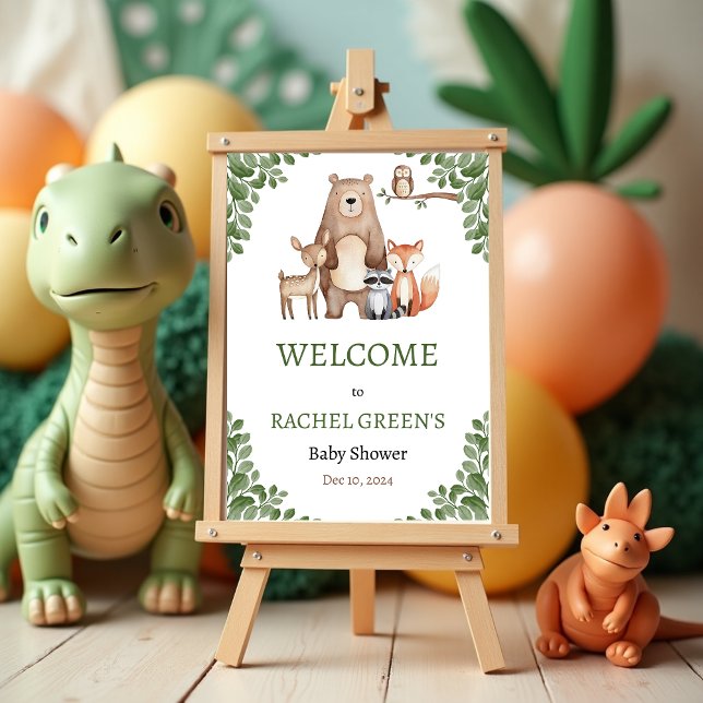 Välkomsthälsning för spädbarnshuggare för kute och poster (Cute Forest Woodland Animals Baby Shower Welcome Poster)