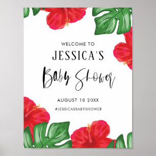 Välkomsthälsning för Tropical Baby Shower Red Hibi Poster