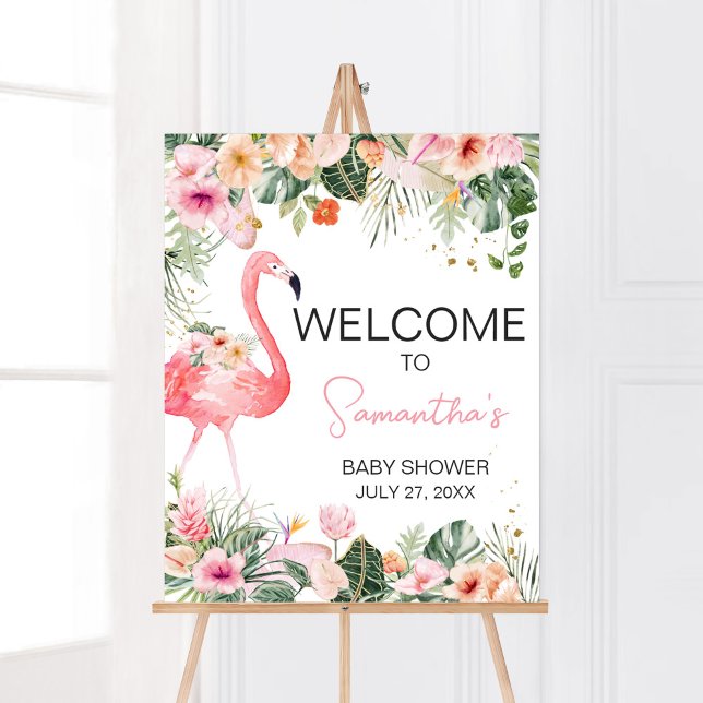 Välkomsthälsning för Tropical Flamingo Baby Shower Poster (Floral Flamingle Baby Shower Welcome Sign)
