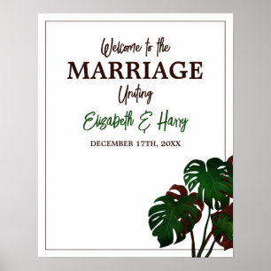 Välkomsthälsning för tropisk monstera Beach Weddin Poster