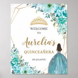 Välkomsthälsning för Turcos blå Blommigt Quinceañe Poster