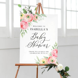 Välkomsthälsning för vattenfärgen Rosa Ranunculus Poster