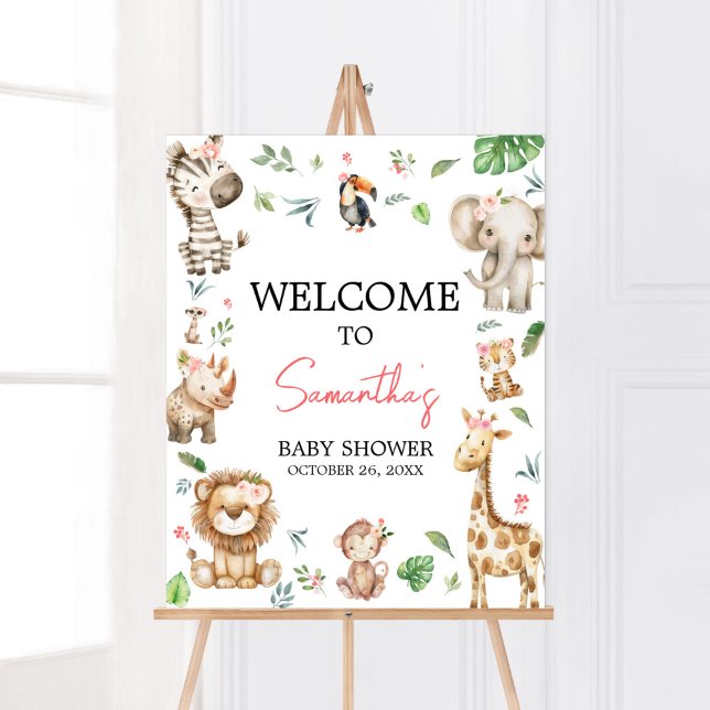 Välkomsthälsning för Vilden Safari Baby Shower Poster (Floral Wild One Safari Animals Baby Shower Welcome Sign)