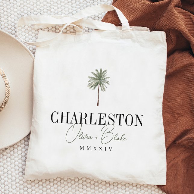 Välkomsthälsning för Watercolor Handflatan Destina Tygkasse (Coastal palm tree wedding totes)