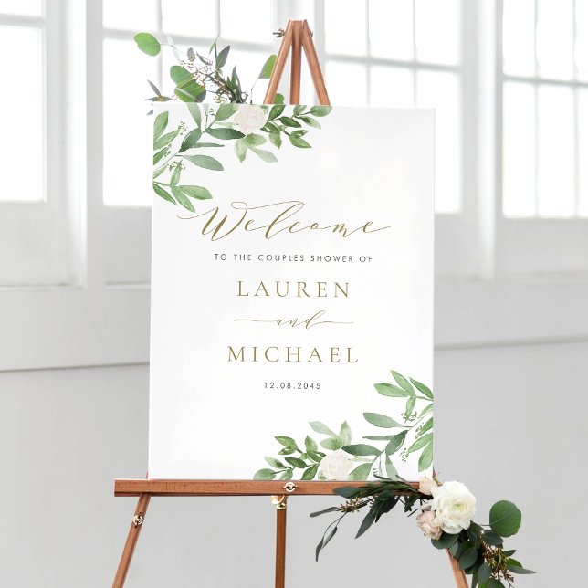 Välkomsthälsning för White Flowers och Greenery Pa Poster (Customizable couples shower welcome sign featuring watercolor greenery and white flowers)