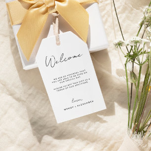 Välkomsthälsning för White Modern Script Destinati Presentetikett
