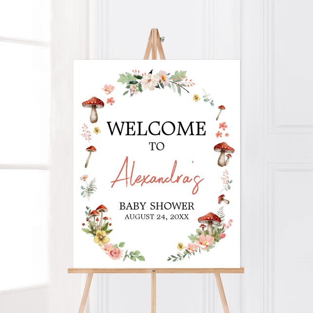 Välkomsthälsning för Wildblomma Mushroom Baby Show Poster (Enchanted Mushroom Baby Shower Welcome Sign)