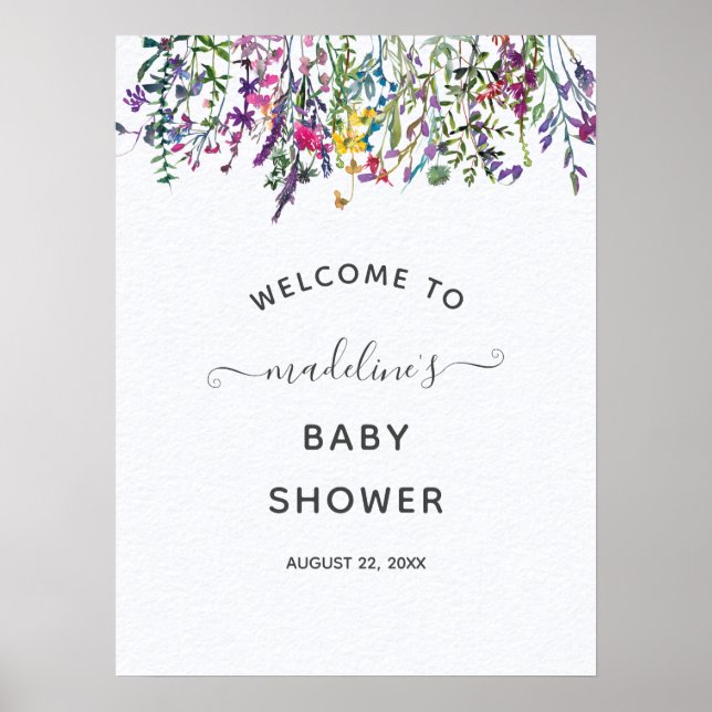 Välkomsthälsning för Wildblommor Meadow Baby Showe Poster (Framsidan)