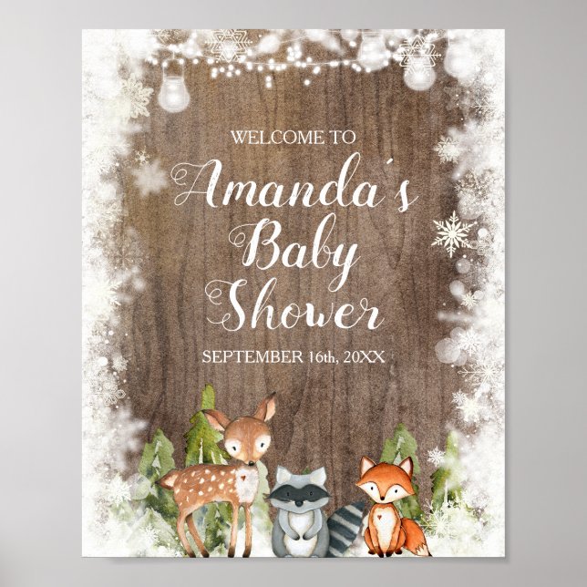 Välkomsthälsning för Wood Snöflingor Baby Shower p Poster (Framsidan)