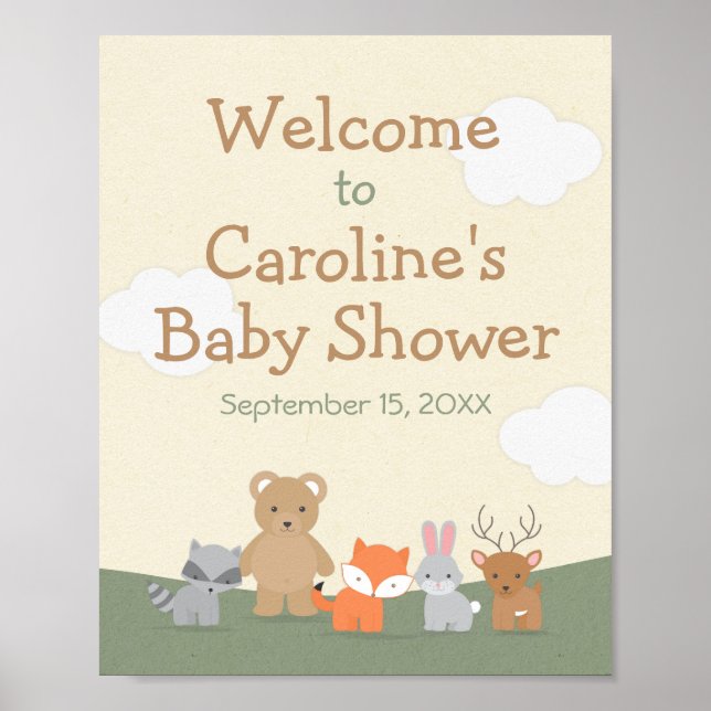 Välkomsthälsning för Woodland Animal Baby Shower P Poster (Framsidan)