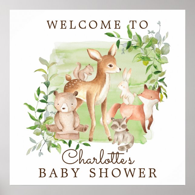 Välkomsthälsning för Woodland Friends Baby Shower Poster (Framsidan)