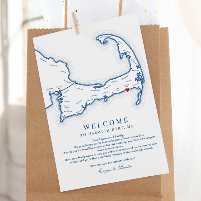 Välkomsthälsning från Wychmere Harwich-hamnen MORS Tack Kort (These Harwich Port MA Cape Cod map wedding welcome cards include a weekend events schedule)