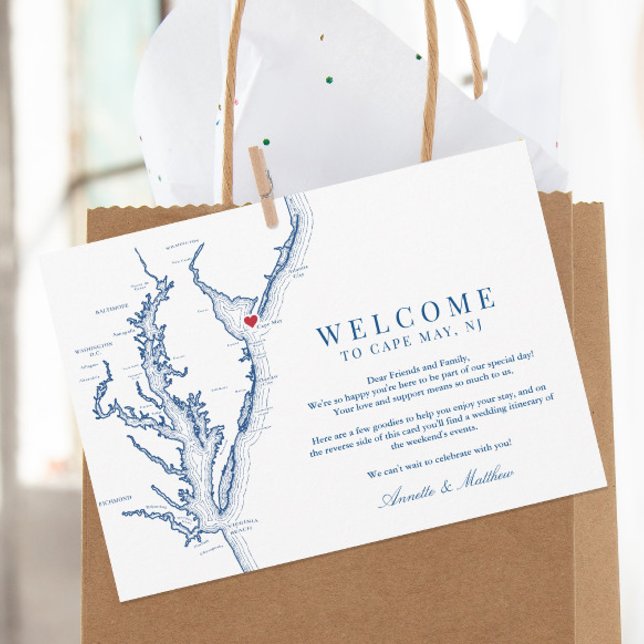 Välkomsthälsning i Cape May New jersey Bröllop Tack Kort (This Cape May NJ wedding welcome letter includes room for your itinerary and schedule of events)