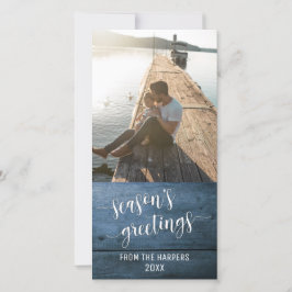 Välkomsthälsning Modernt skript Blått rustikt trä Julkort