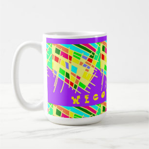 Välkomsthälsning och meddelande om stänk kaffemugg