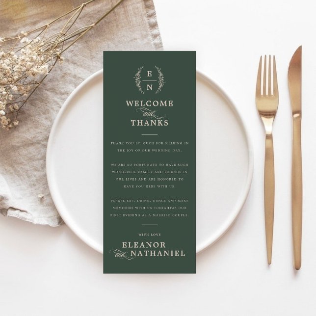 Välkomsthälsning och tack till Bröllop i Forest Gr (Forest Green Monogram Welcome & Thanks Wedding Thank You Card)