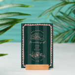 Välkomsthälsning om blommigt, Hand plockade, Gräns<br><div class="desc">Bröllop-tema med text inuti hand plockade rosa ram med rosa blommigt botaniska linjen teckning över emerald grönt rand bakgrunden.</div>