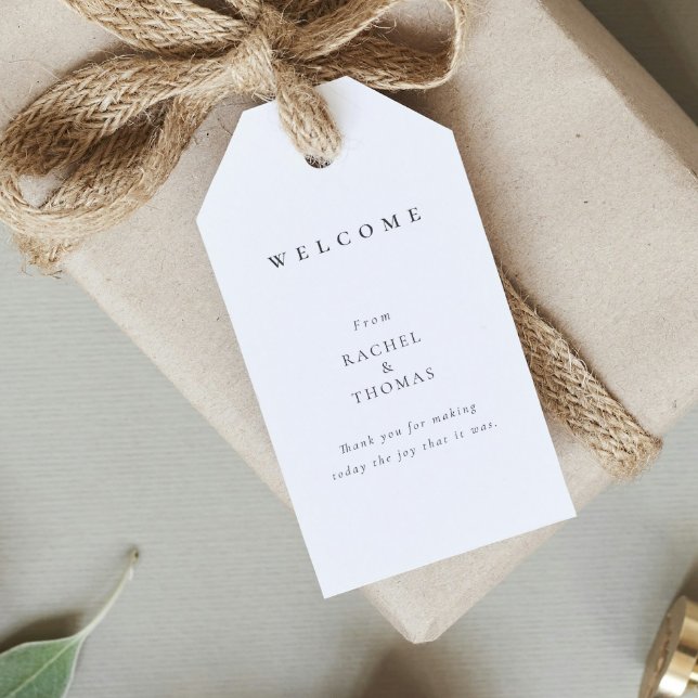 Välkomsthälsning om det moderna minimalistiska Brö Presentetikett (Modern Minimalist Wedding Welcome Gift Tags)