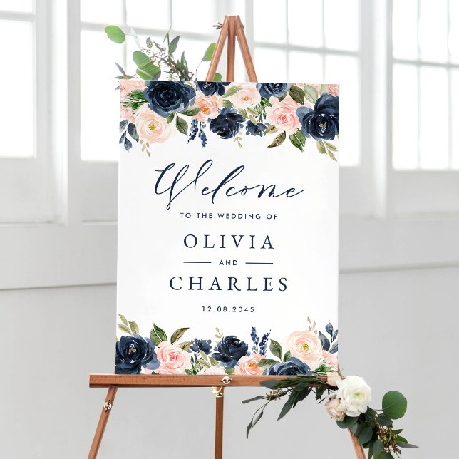 Välkomsthälsning om  vattenfärger och flodvågor Br Poster (Customizable floral wedding welcome sign featuring watercolor blush pink and navy blue flowers)