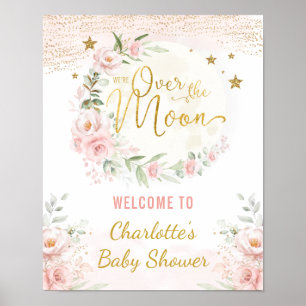 Välkomsthälsning över Måne Rosa Guld Blommigt Baby Poster