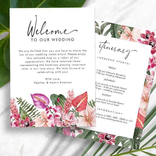 Välkomsthälsning till Brev i Tropiska Bröllop (Tropical Floral Wedding Welcome Letter Itinerary by Painted Paperie
)