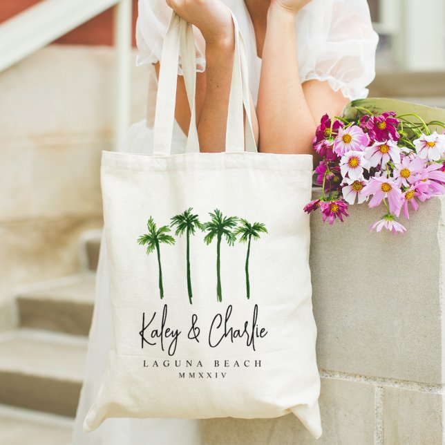 Välkomsthälsning till destinationsbröllopsbröllope tygkasse (Tropical palm tree wedding totes)