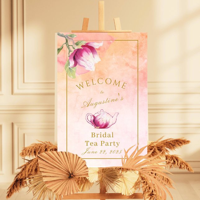 Välkomsthälsning till Persiko och Rosa Magnolia Mö Poster (Welcome to the Peach and Pink Bridal Tea)