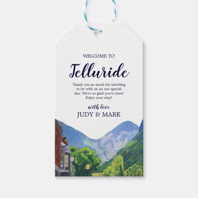 Välkomsthälsning till Telluride Bröllop Välkomsthä Presentetikett (Framsidan)