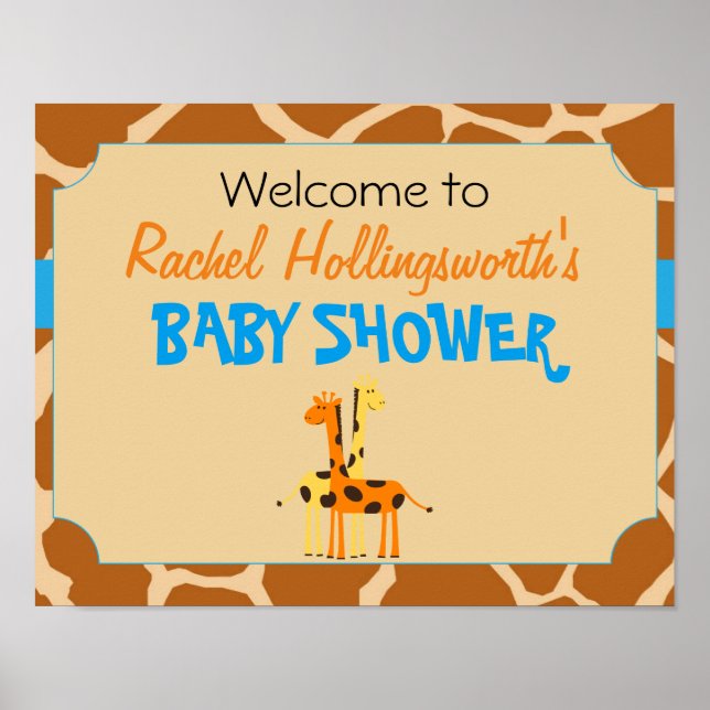 Välkomsthälsord för Blue & Orange Giraffe Baby Sho Poster (Framsidan)