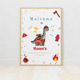 Välkomsthälsord för Firefighter Dino-födelsedagslj Poster