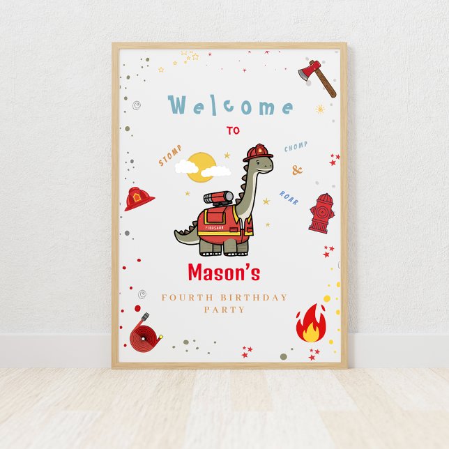 Välkomsthälsord för Firefighter Dino-födelsedagslj Poster (Skapare uppladdad)