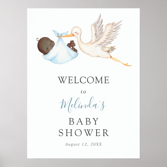 Välkomsthälsord för pojke Blue Stork Baby Shower P Poster (Framsidan)