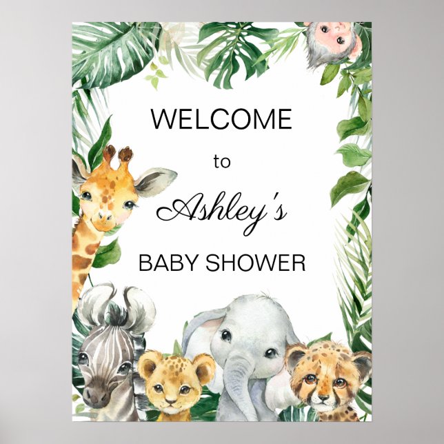 Välkomsthälsord för Safari Greenery Baby Shower Po Poster (Framsidan)