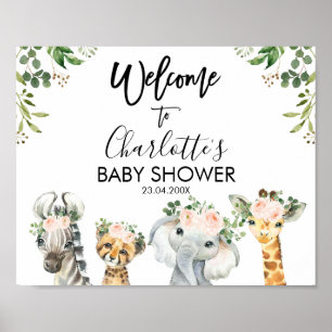 Välkomsthälsord för Safari Rosa Blommigt Baby Show Poster