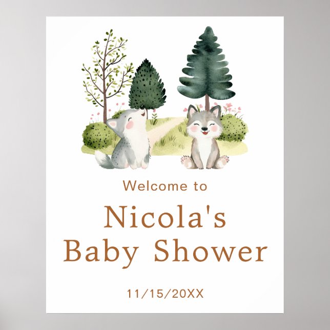 Välkomsthälsord för Woodland Varg Baby Shower Post Poster (Framsidan)