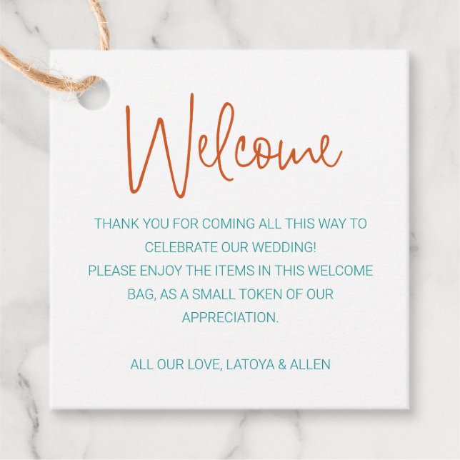 Välkomsthandbok för färgskrift Bröllop Välkomsthjä Gåvor Etiketter (Framsida)